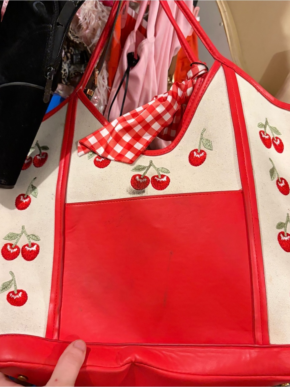 Steve Madden Red and White Cherry Embroidered Tote